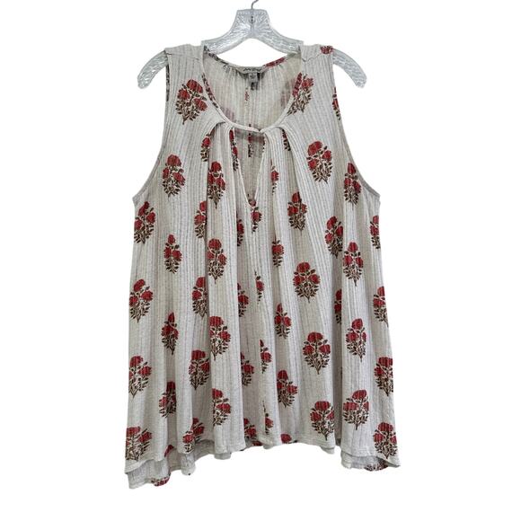 Lucky Brand Floral Oversized Flowy Sleeveless Tunic Top Sz L Linen Blend Ribbed - Picture 3 of 9